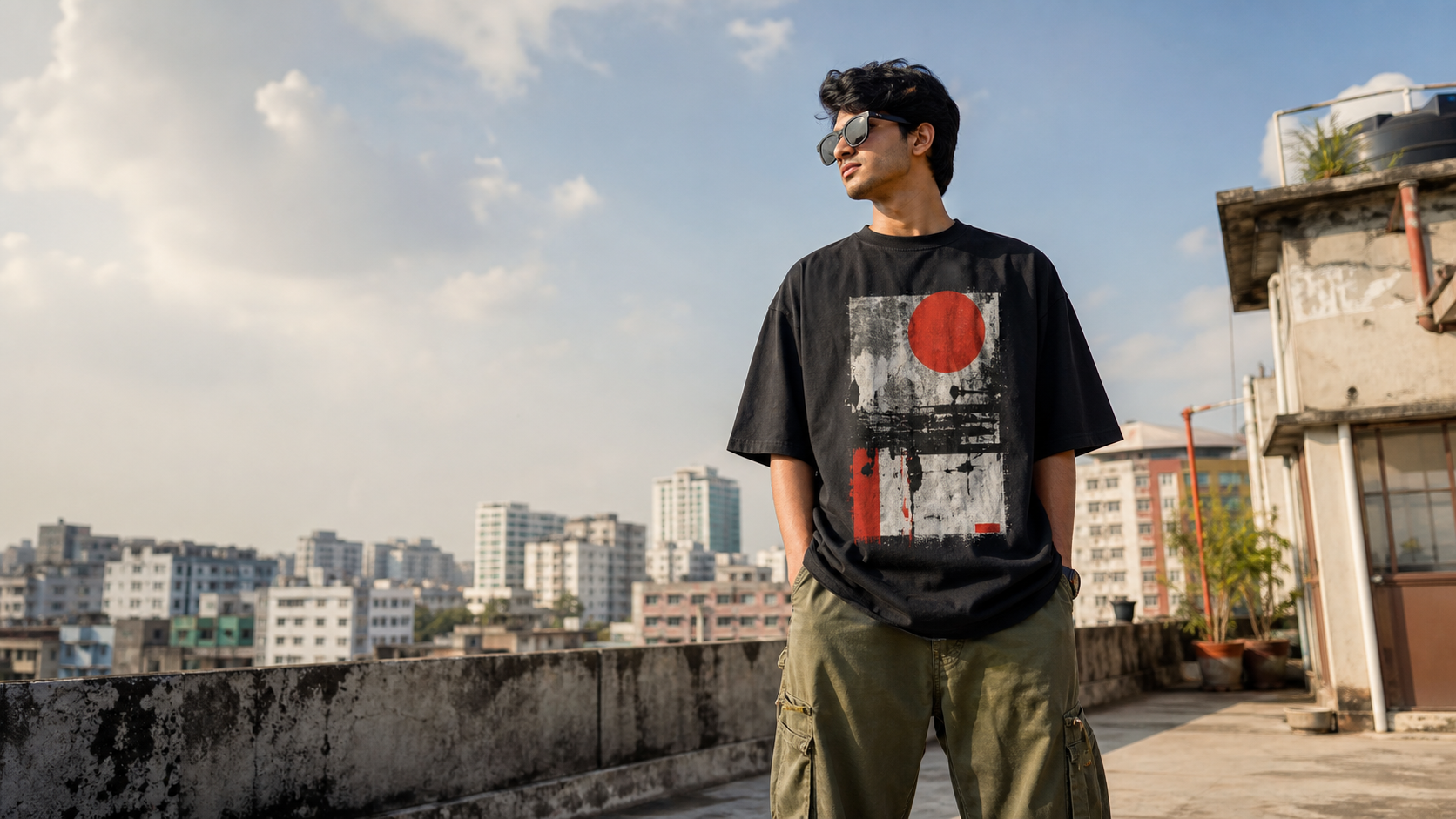 Bangladeshi streetwear model wearing an oversized graphic T-shirt
