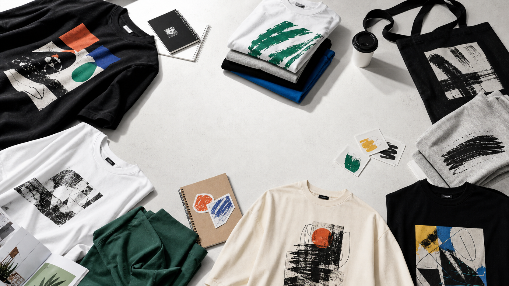 Colorful campus streetwear flat lay with graphic tees and merch