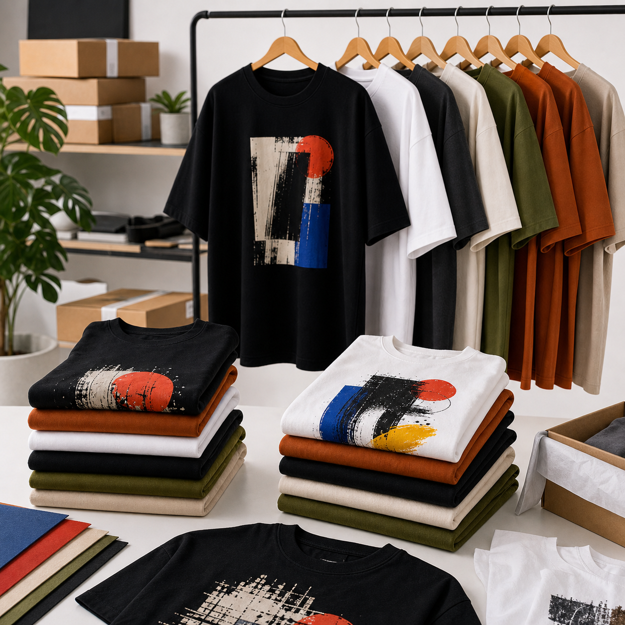 Drop-ready T-shirts and folded apparel in a bright studio
