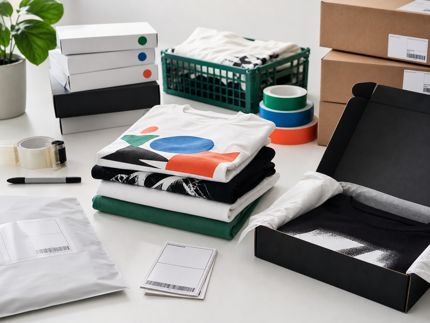 Colorful packing table with folded T-shirts and mailer boxes